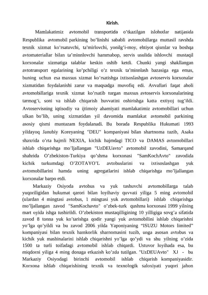 TEXNIK XIZMAT KO’RSATISH (TXK) VA TA’MIRLASHNI O’TKAZISH USULLARI REJA 2
