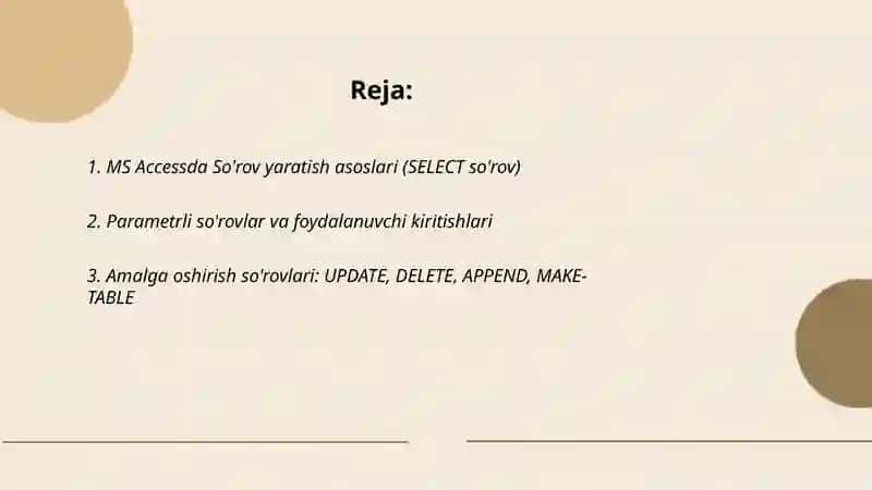 MS Access ma'lumotlar bazasini boshqarish tizimi ( Soʻrov. Hisobot) 2