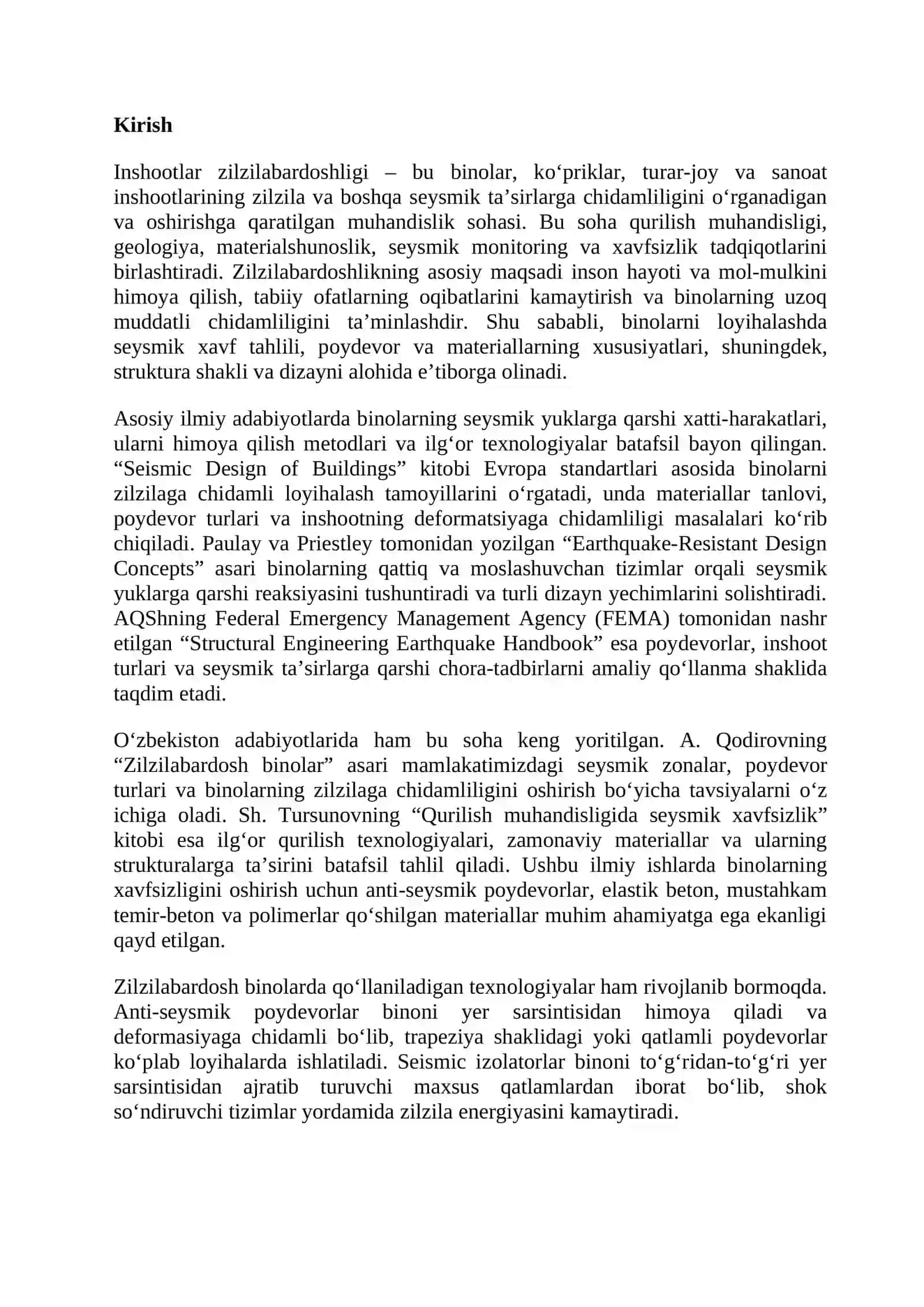 Inshootlar zilzilabardoshligi sohasiga oid adabiyotlar va yangiliklar tahlili 2