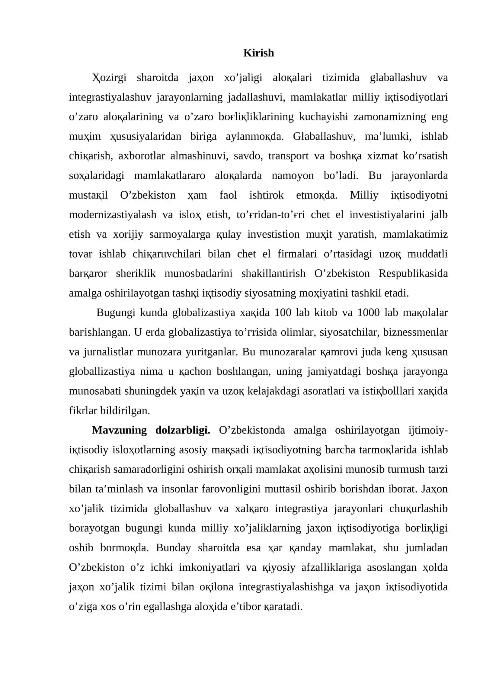 JAҲON IQTISODIYOTI GLOBALLASHUVNING XUSUSIYATLARI VA RIVOJLANISH TENDENSIYALARI 2
