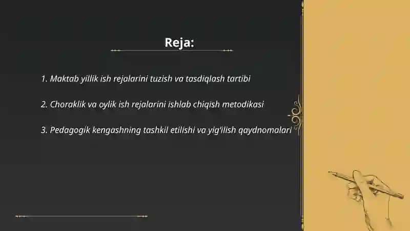Umumiy oʻrta talim muassasalari ish hujjatlari bilan tanishish va tahlil qilish (maktab ish rejalari, pedagogik kengash, metodik kengash, sinf rahbari ish rejasi) 2