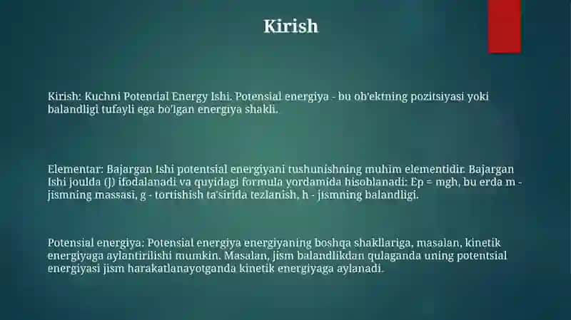 Kuchni Elementar Bajargan Ishi.Potensial Energiya 2