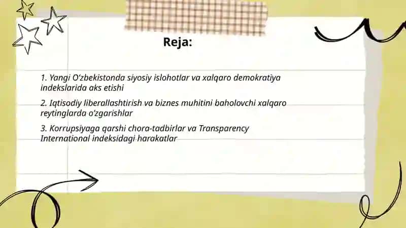 Yangi O’zbekiston ijtimoiy-siyosiy, iqtisodiy va madaniy hayotidagi o’zgarishlar 2