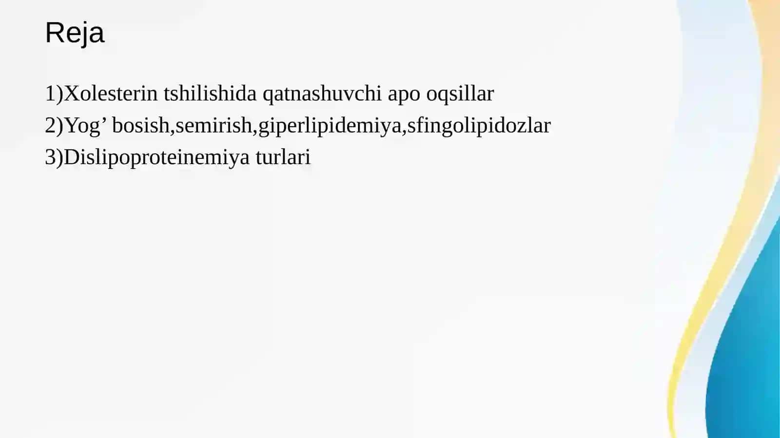 Murakkab lipidlar almashinuvi.xolesterin metabolizmi.yog’lar almashinuvining boshqarilishi 2