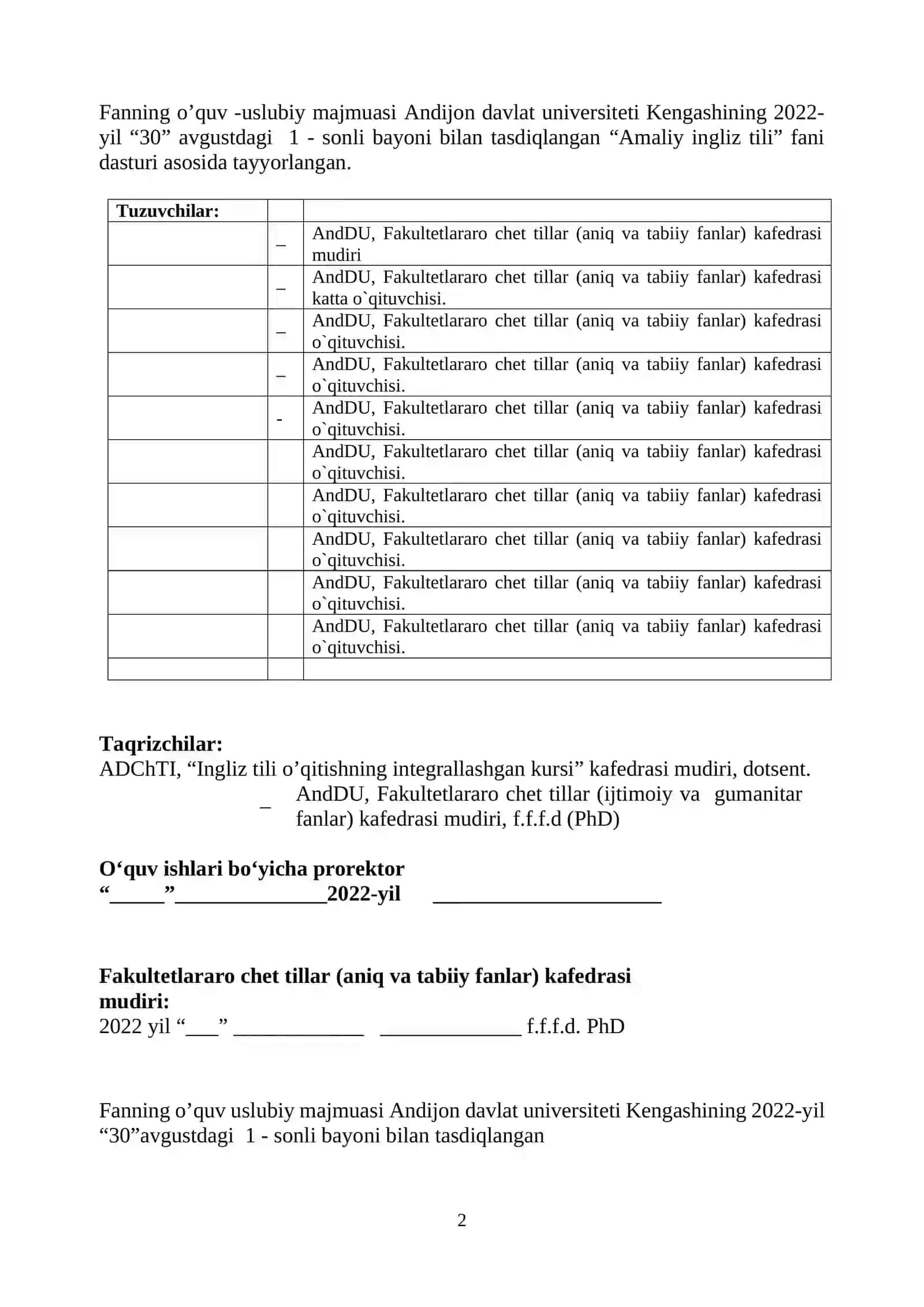 Amaliy ingliz tili fanidan  4-kurs uchun O’QUV-USLUBIY MAJMUA 2