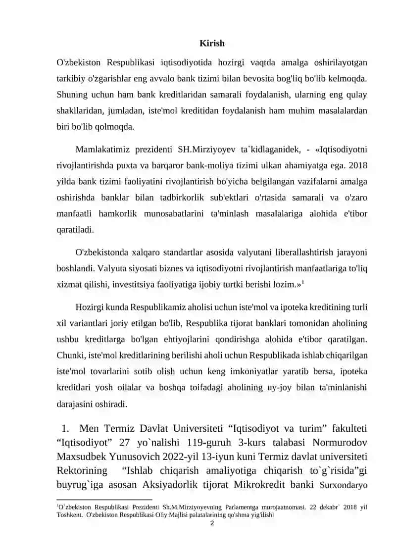 Aksiyadorlik tijorat Mikrokredit banki Surxondaryo viloyati filialidagi amaliyot bo`yicha hisobot 2