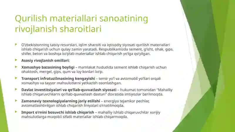 Qurilish materiallari sanoatining rivojlanish sharoitlari, qurilish materiallari bozorini rivojlanishini tahlil qilish 2