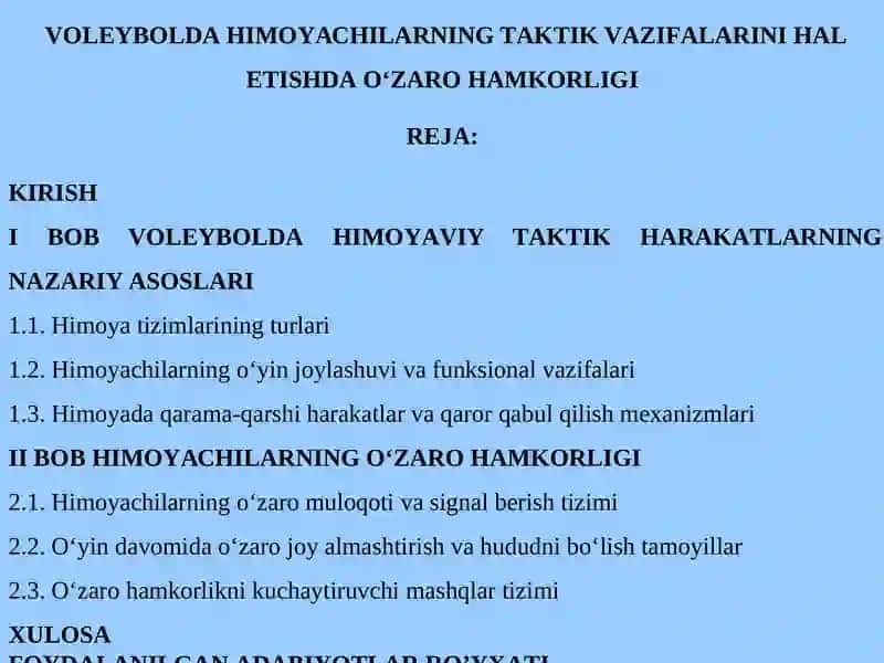VОLЕYBОLDАHIMОYАСHILАRNING TАKTIK VАZIFАLАRINI HАLЕTISHDАО‘ZАRОHАMKОRLIGI 2