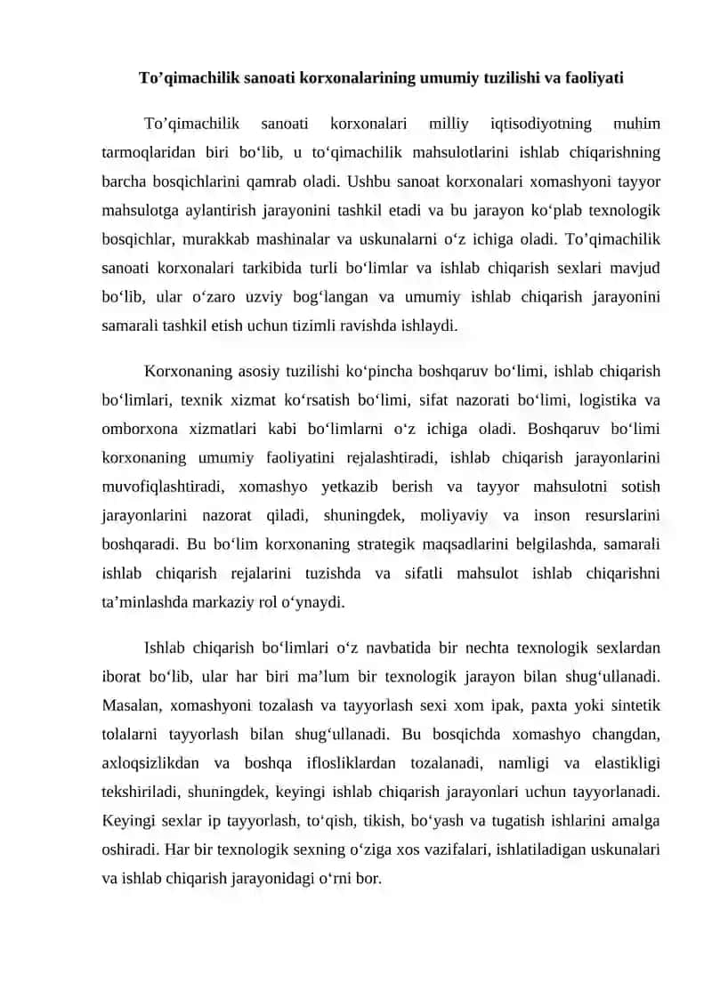 To’qimachilik sanoati korxonalari asosiy texnologik jarayonlari va mashinalari 2