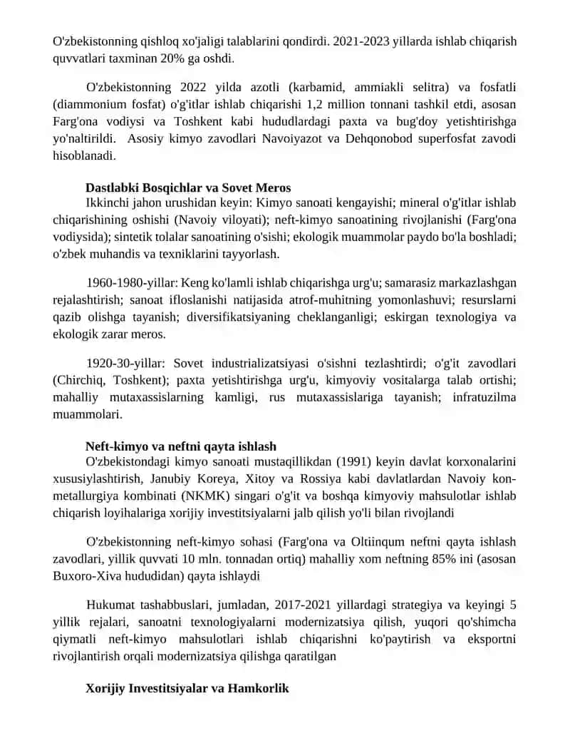 Oʻzbekistonda kimyo sanoatining rivojlanishi 2