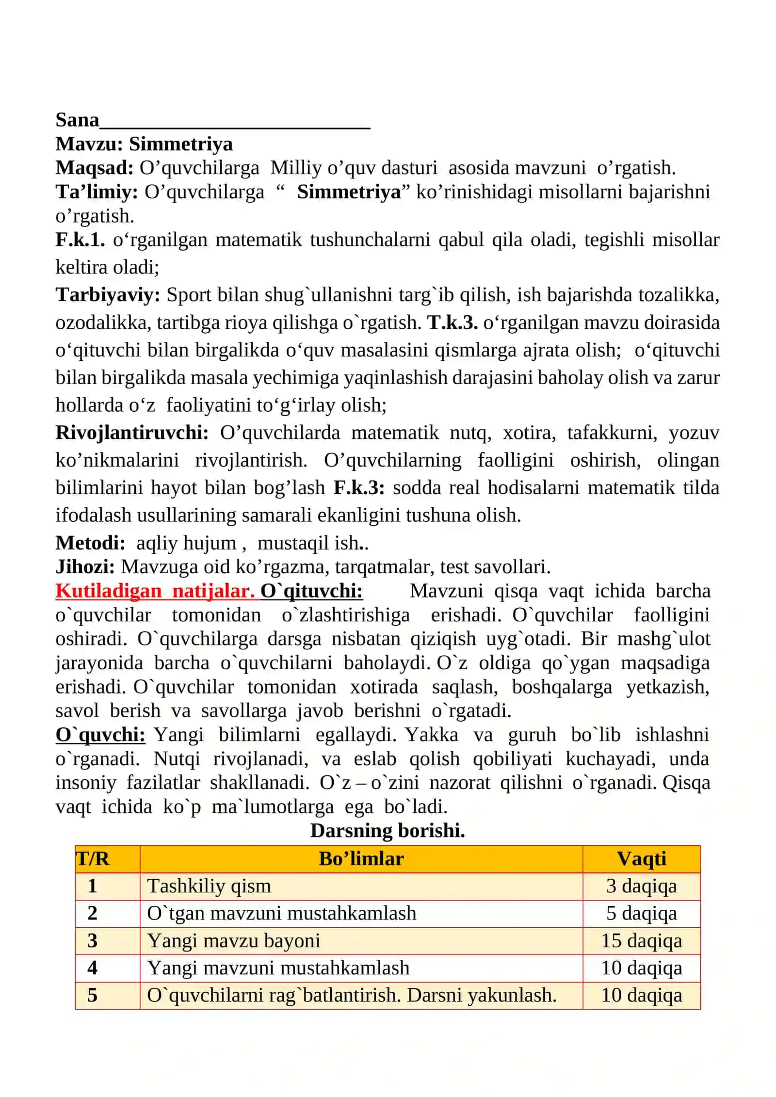 Simmetriya 1-sinflar uchun Matematika fanidan dars ishlanmasi 2