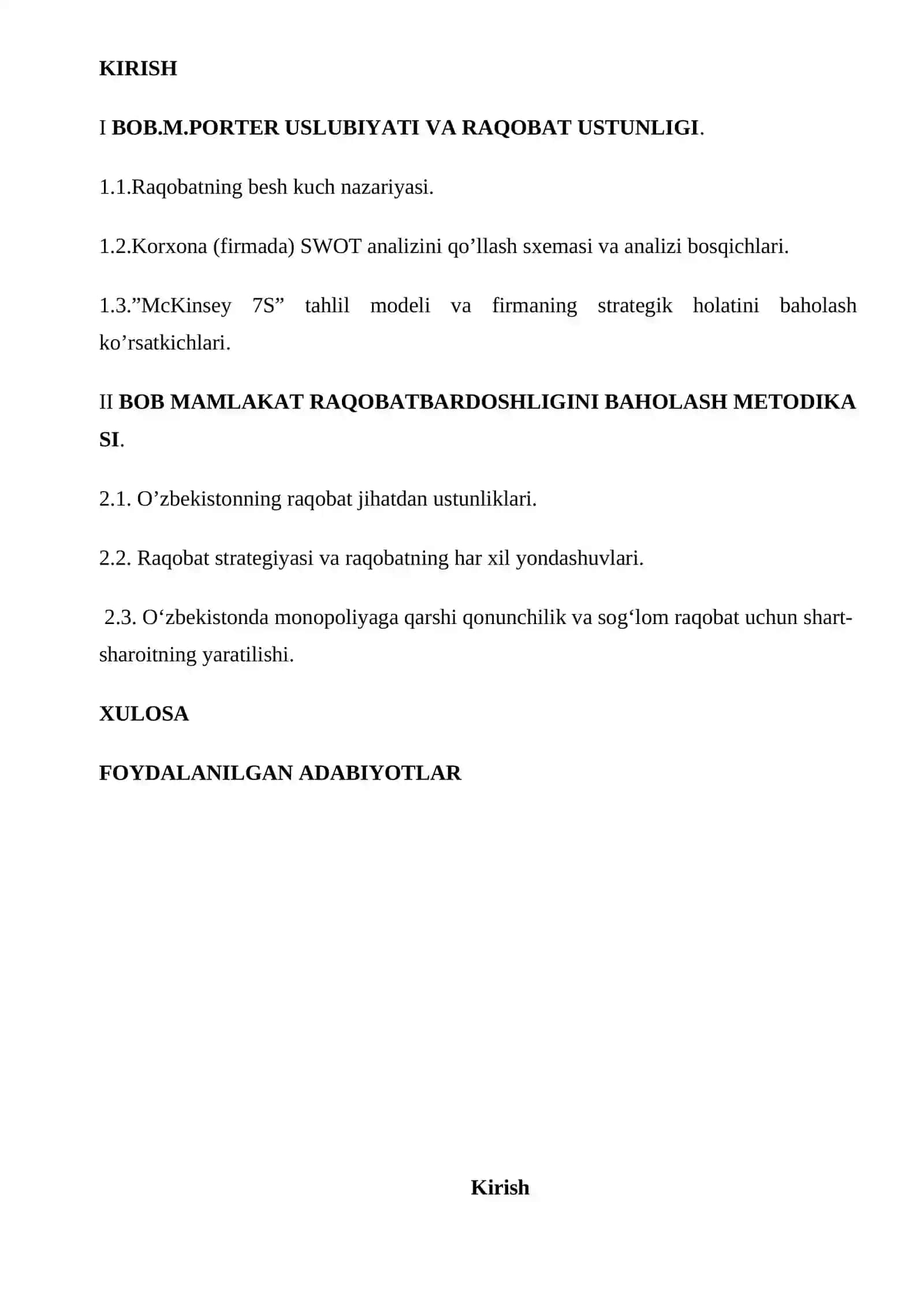 M.Porter uslubiyatiga ko'ra O'zbekistonning raqobat ustunliklari 2