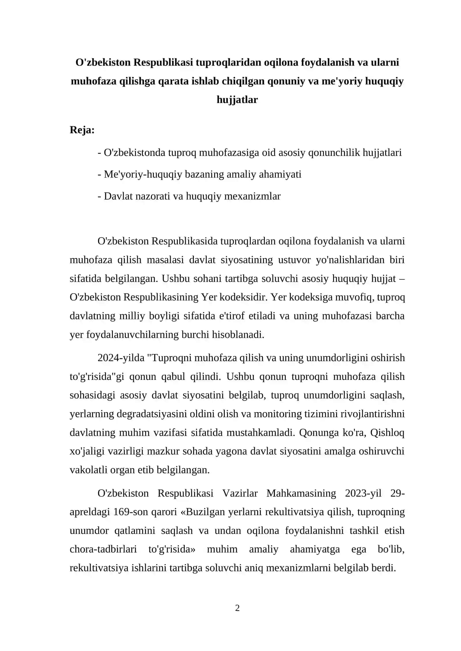 Tuproq degradatsiyasi fanidan 8-semestr mustaqil ta'lim mavzulari 2