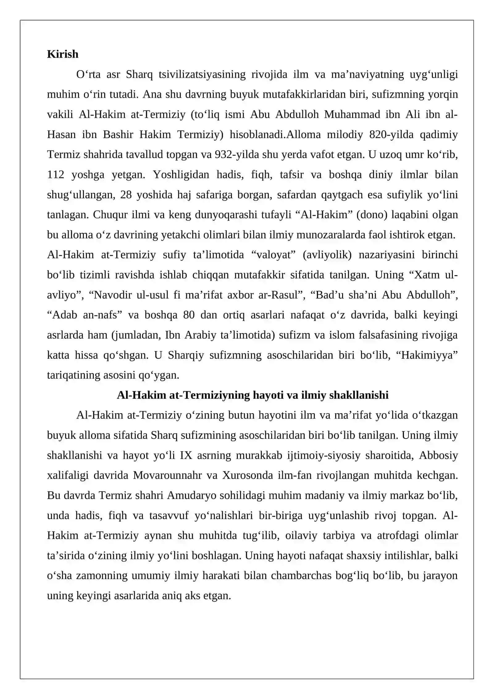Islomiy ilmlar rivojida Hakim at-Termiziy (760-869)ning oʻrni 2
