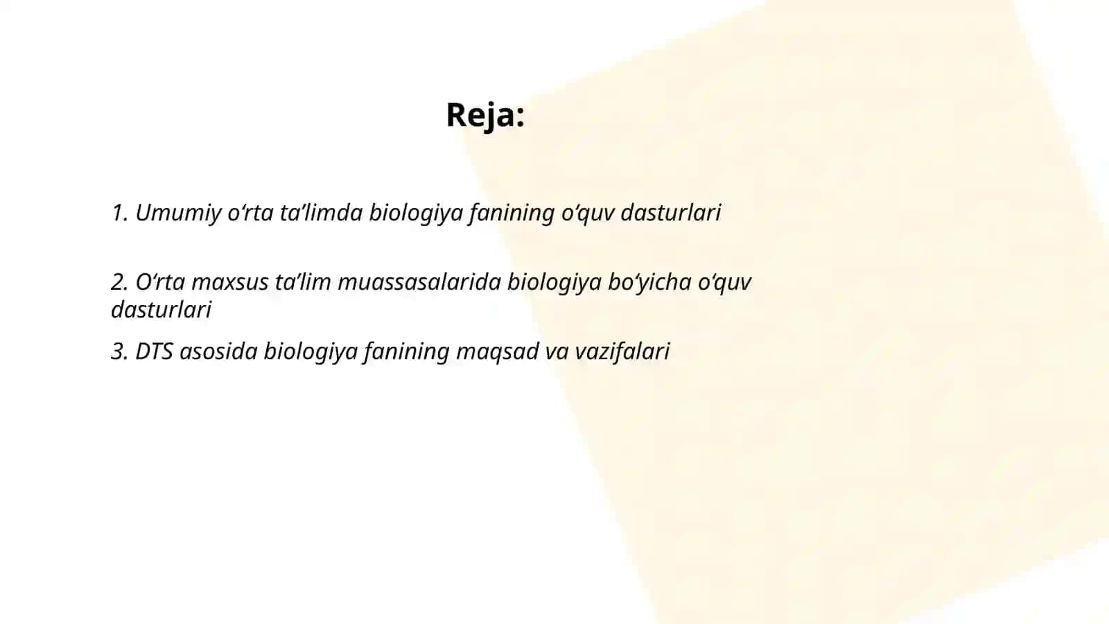 Biologiyadan tuzilgan DTS, oquv dasturi, darsliklar va metodik qollanmalarni organish va ular ortasidagi uzviylikni tahlil etish 2