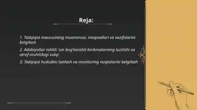Tuрroq VA suv ifloslanishida ion boģlanishli birikmalar borligini aniqlab ulardan tozalash loyihasini ishlab chiqish 2