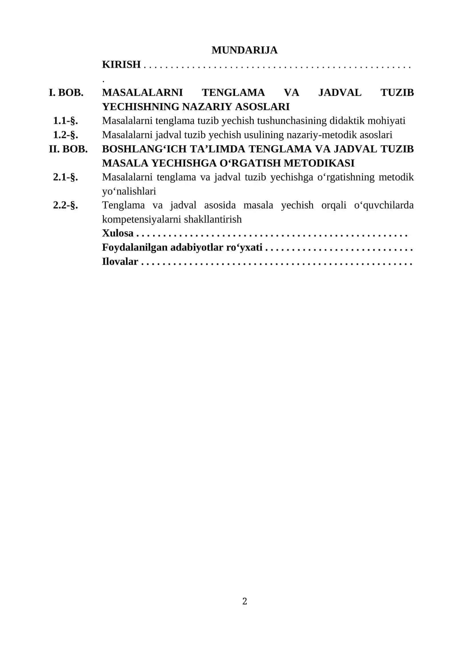 BOSHLANG‘ICH SINFLARDA MASALALARNI TENGLAMA VA JADVAL TUZIB YECHISHGA O‘RGATISH METODIKASI 2