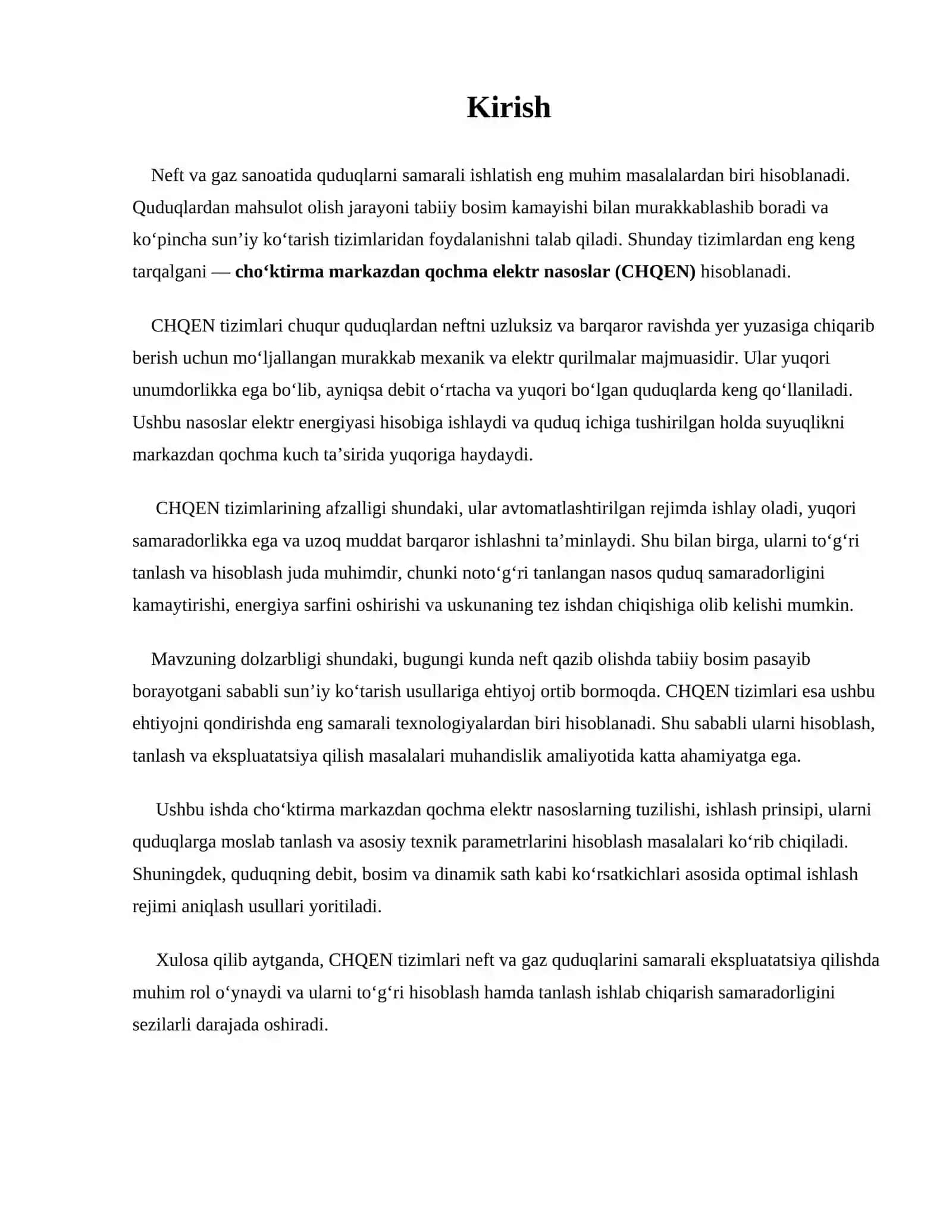 Quduqlarni cho‘ktirma markazdan qochma elektr nasoslar (CHQEN) yordamida ishlatishni hisoblash 2