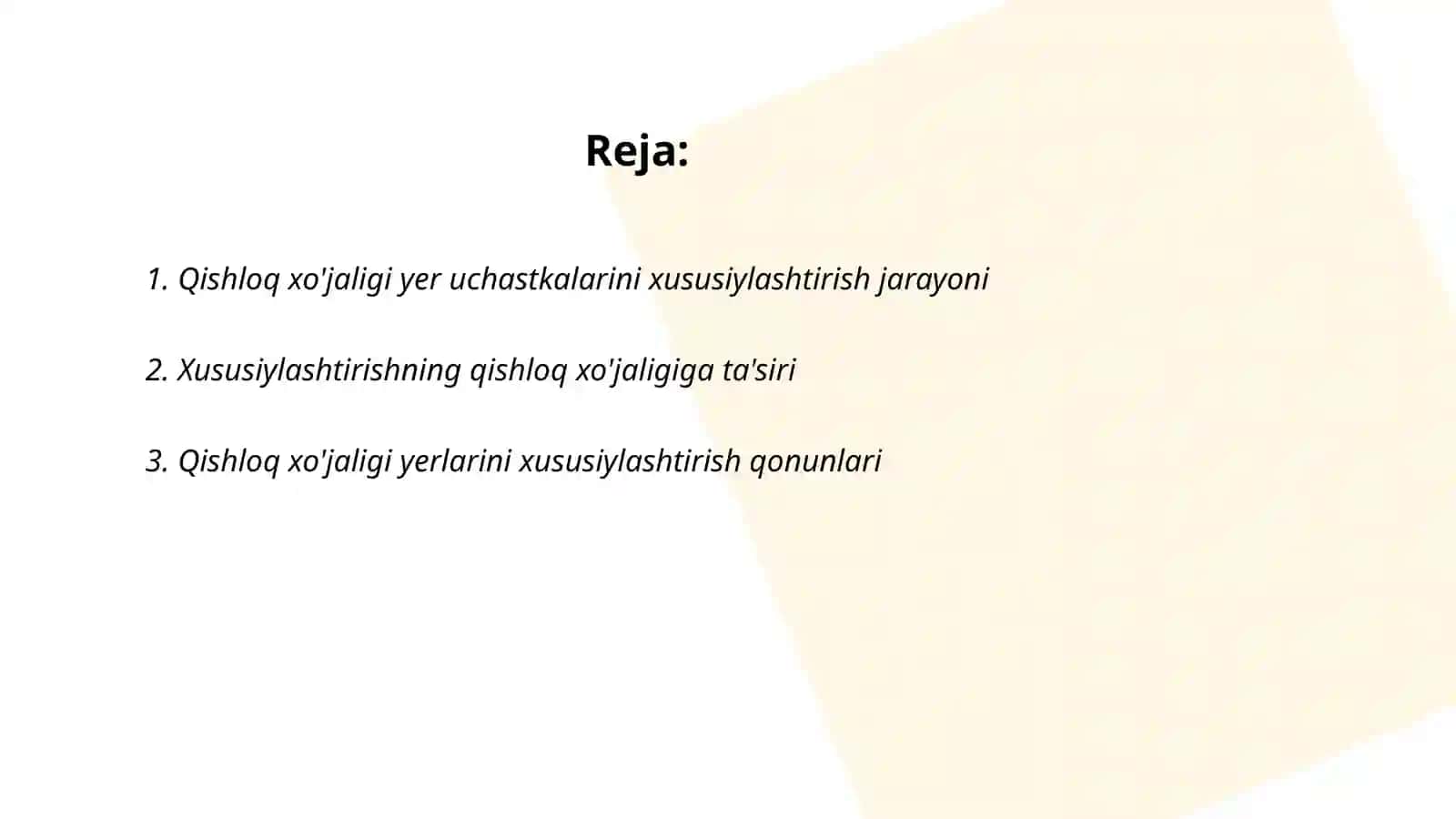 Qishloq xo'jaligiga mo'ljallangan yer uchastkalarini xususiylashtirish 2