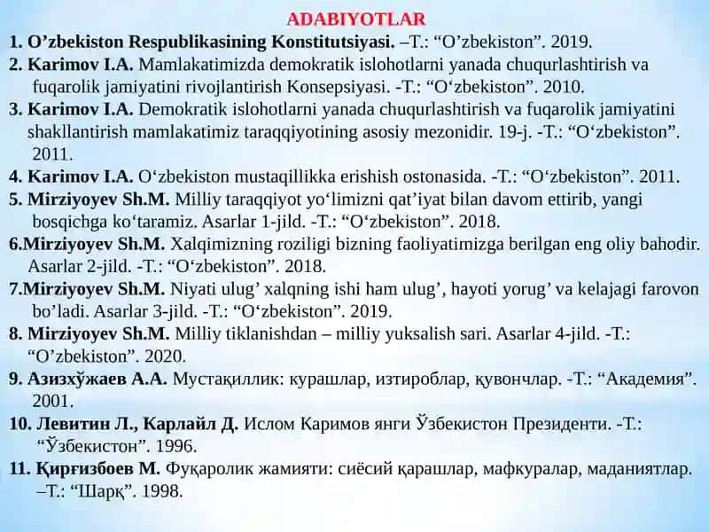 О‘ZBEKISTONDA HUQUQIY SIYOSIY ISLOHOTLARNING AMALGA OSHIRILISHI, DEMOKRATIK JAMIYATNI SHAKLLANTIRISH YО‘LIDAGI ISLOHOTLAR 2