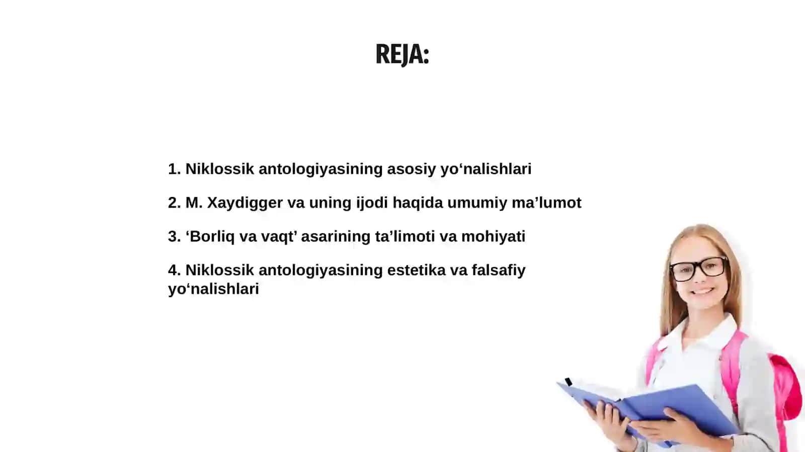 Niklossik antologiyasining yoʻnalishlari va mohiyati boʻyicha esse tayyorlash M. Xaydiggerning "Borliq va vaqt" asari asosida 2
