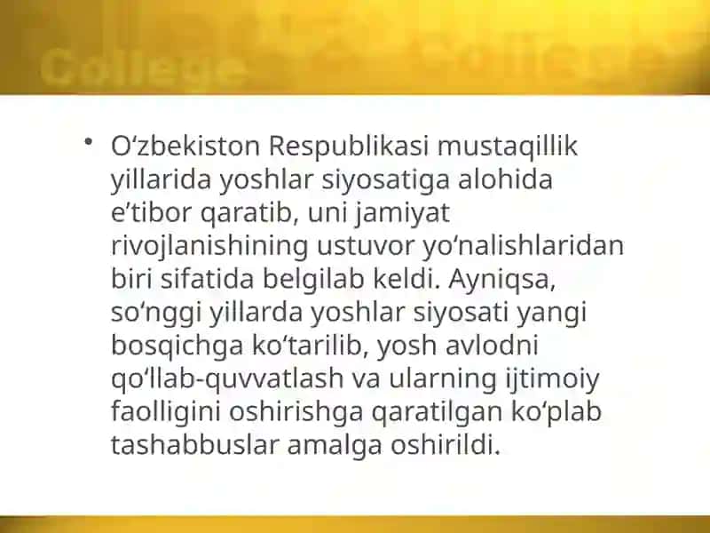 O'zbekistonRespublikasidayoshlarsiyosatiningyangibosqichgako'tarilishi 2