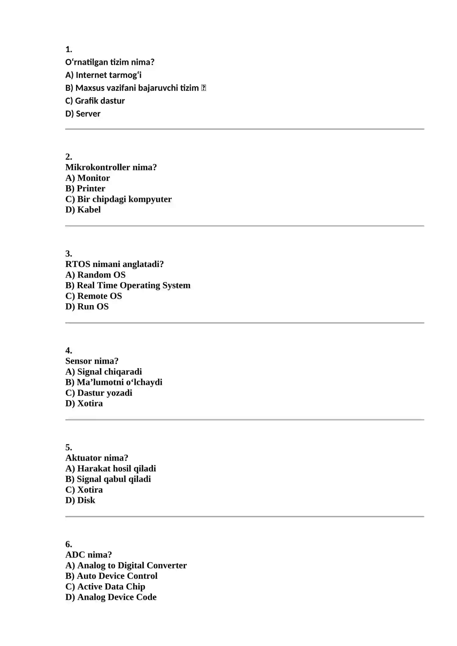 O‘rnatilgan tizimlar test savol javoblari 2