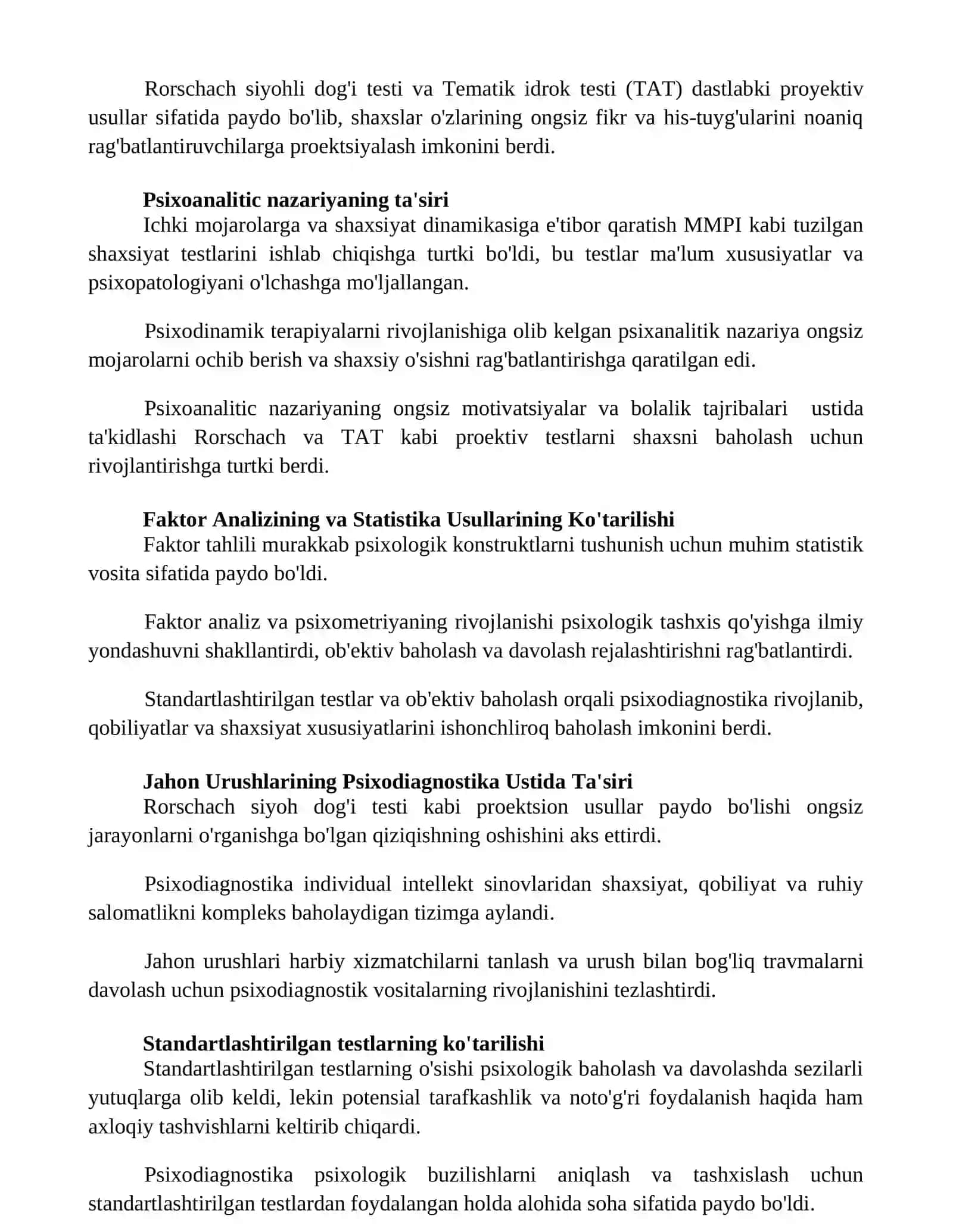Psixodiagnostikaning 20-asrda rivojlanishi 2