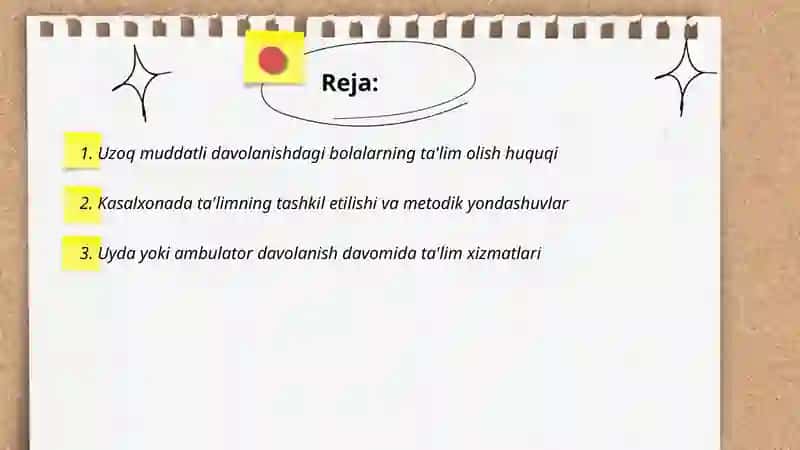 Uzoq muddatli davolanish chora-tadbirlariga muhtoj bolalar va oʻsmirlarning huquqlari va ta'limga boʻlgan ehtiyojlari 2