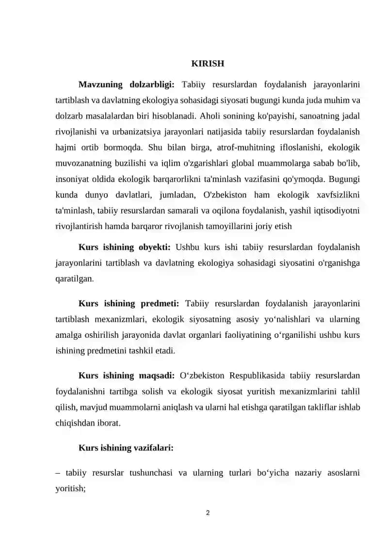 TABIIY RESURSLARDAN FOYDALANISH JARAYONLARINI TARTIBLASH VA DAVLATNING EKOLOGIYA SOHASIDAGI SIYOSATI 2