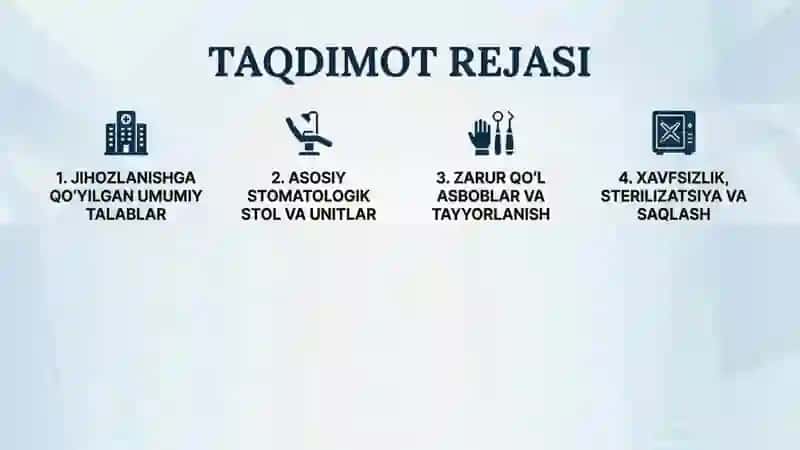 Stomatologiya xonasining jihozlanishi. Asosiy stomatologik uskunalar va vositalar 2