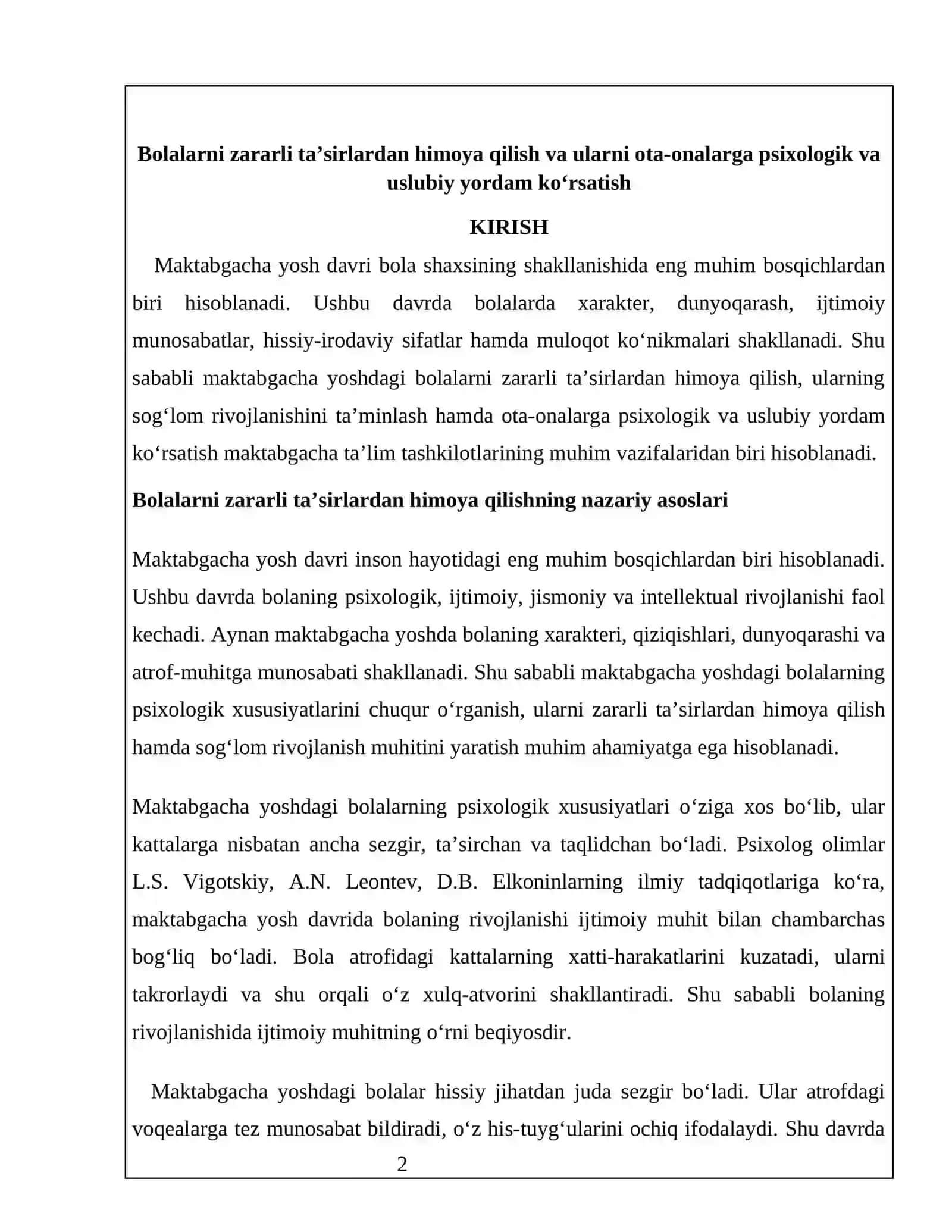 Bolalarni zararli ta’sirlardan himoya qilish va ularni ota-onalarga psixologik va uslubiy yordam ko‘rsatish 2