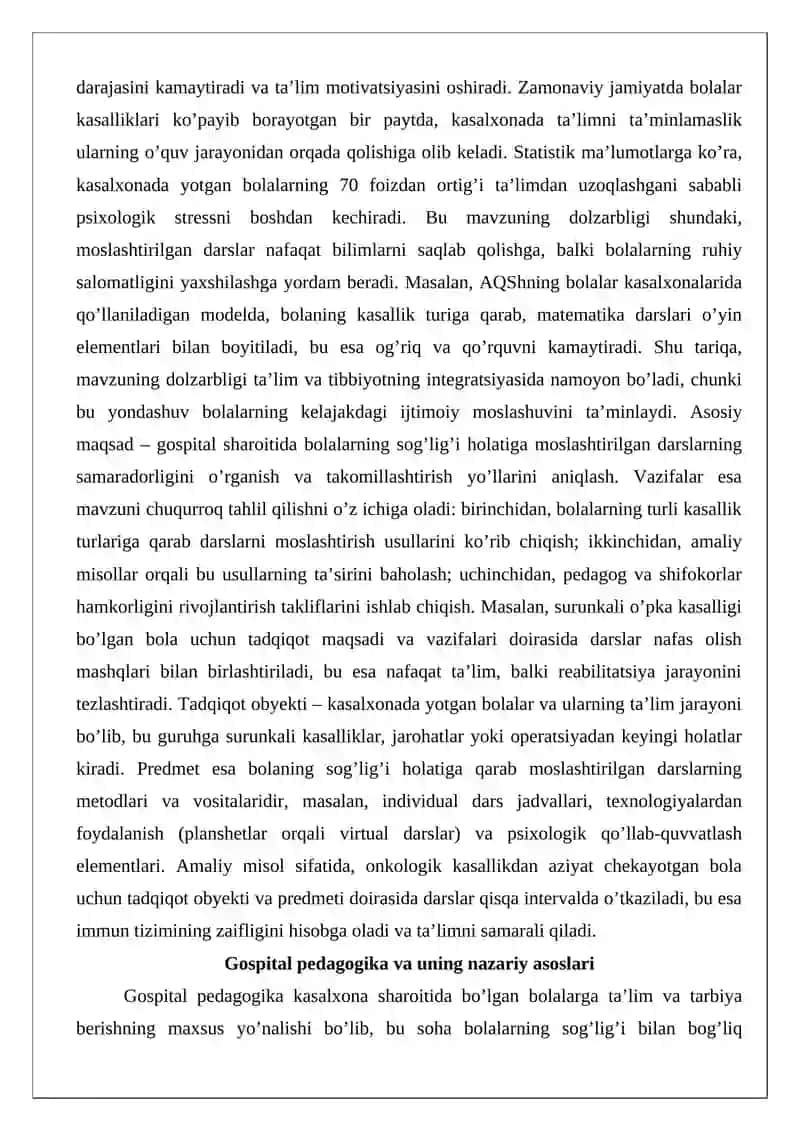 Gospital pedagogikada bolaning holatiga qarab moslashtirilgan darslar 2