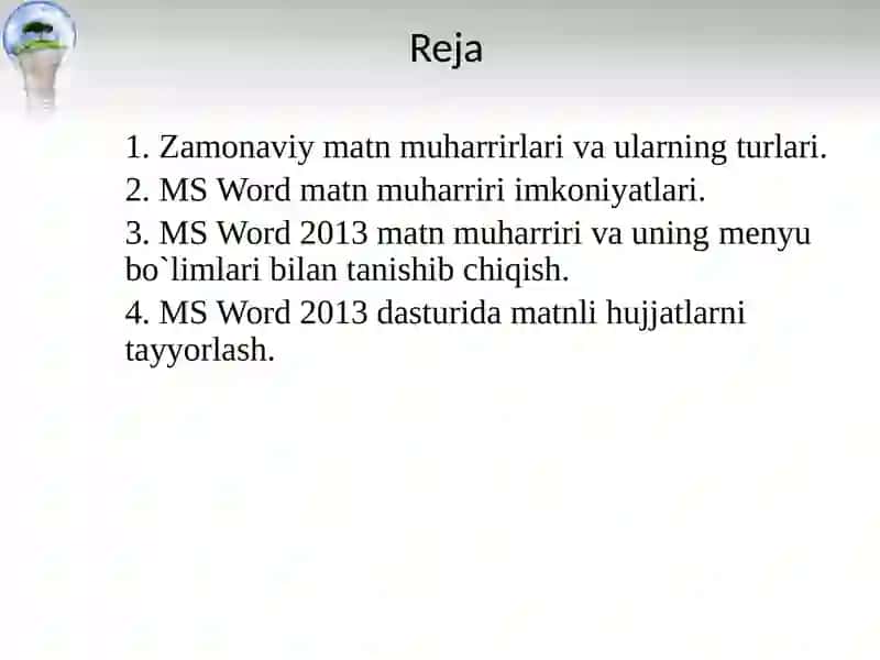 MATNLI AXBOROTLARNI YARATISH VA ISHLOV BERISH TЕXNOLOGIYALARI. MICROSOFT WORD 2013 DASTURIDA ISHLASH KO`NIKMALARINI HOSIL QILISH. 2
