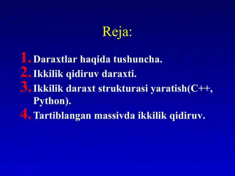 Daraxtlar. Ikkilik qidiruv daraxti. Fenvik daraxti. Kesmalar daraxti. 2