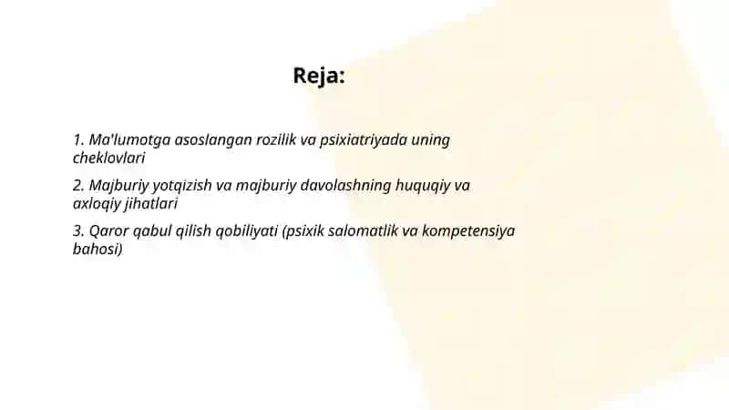 Bemorning jismoniy va ruhiy yaxlitligining axloqiy va xuquqiy muammolari. Psixiatriya 2