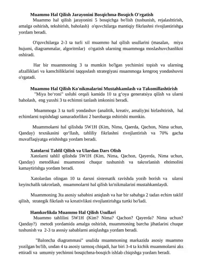 Muammolarni hal qilish ko’nikmalarini o’rgatishning samarali usullari 2