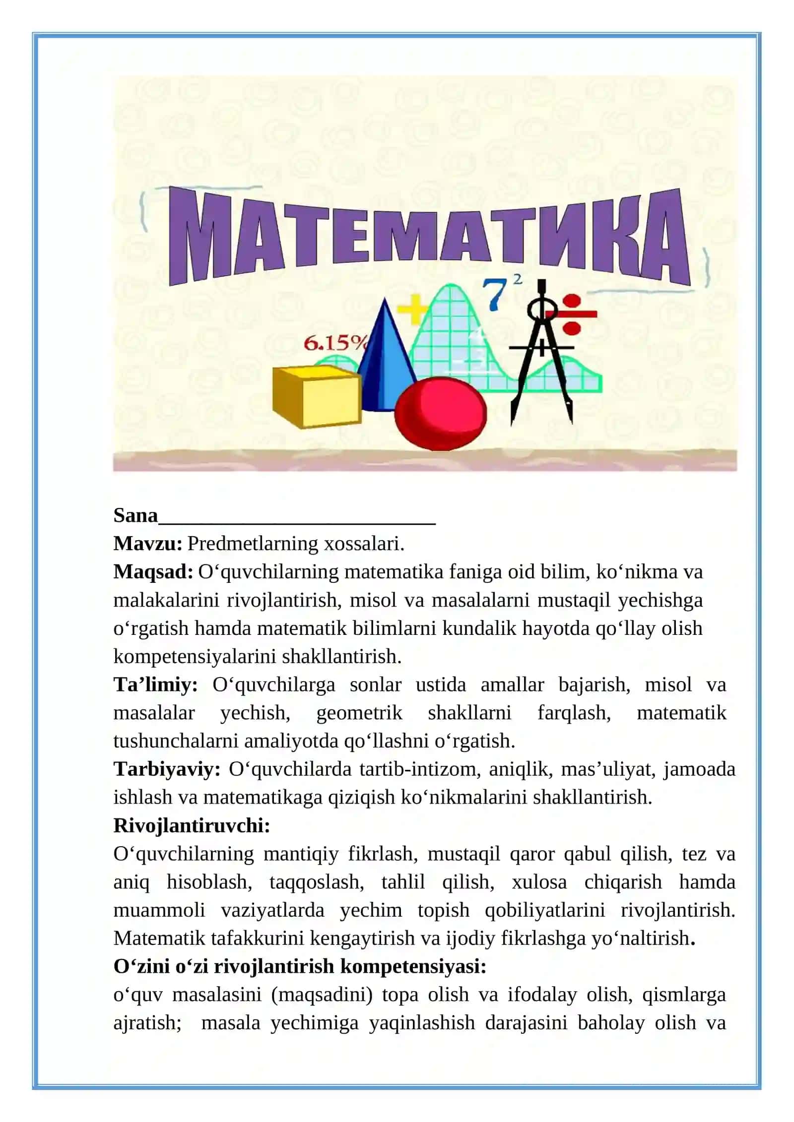 1-sinf. Matematika.Predmetlarning xossalari. 2