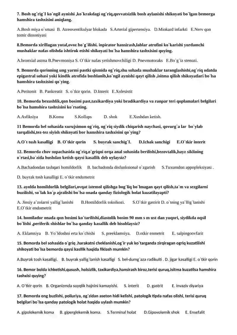 Kasbiy fanlardan asosiy DAK amaliy test savollari 2