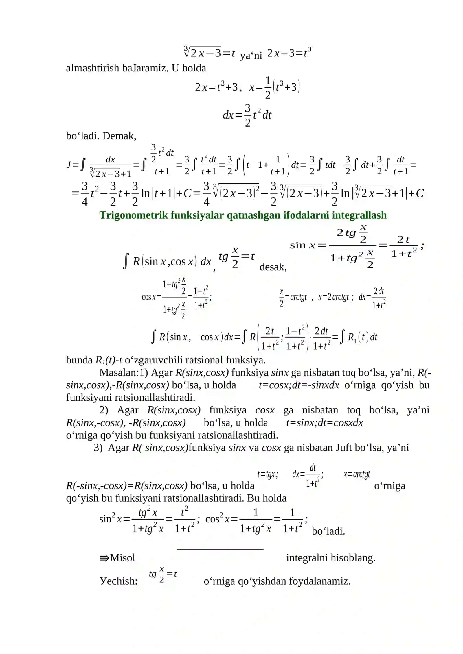 Trigonometrik va Irratsional funksiyalarni integrallash 2