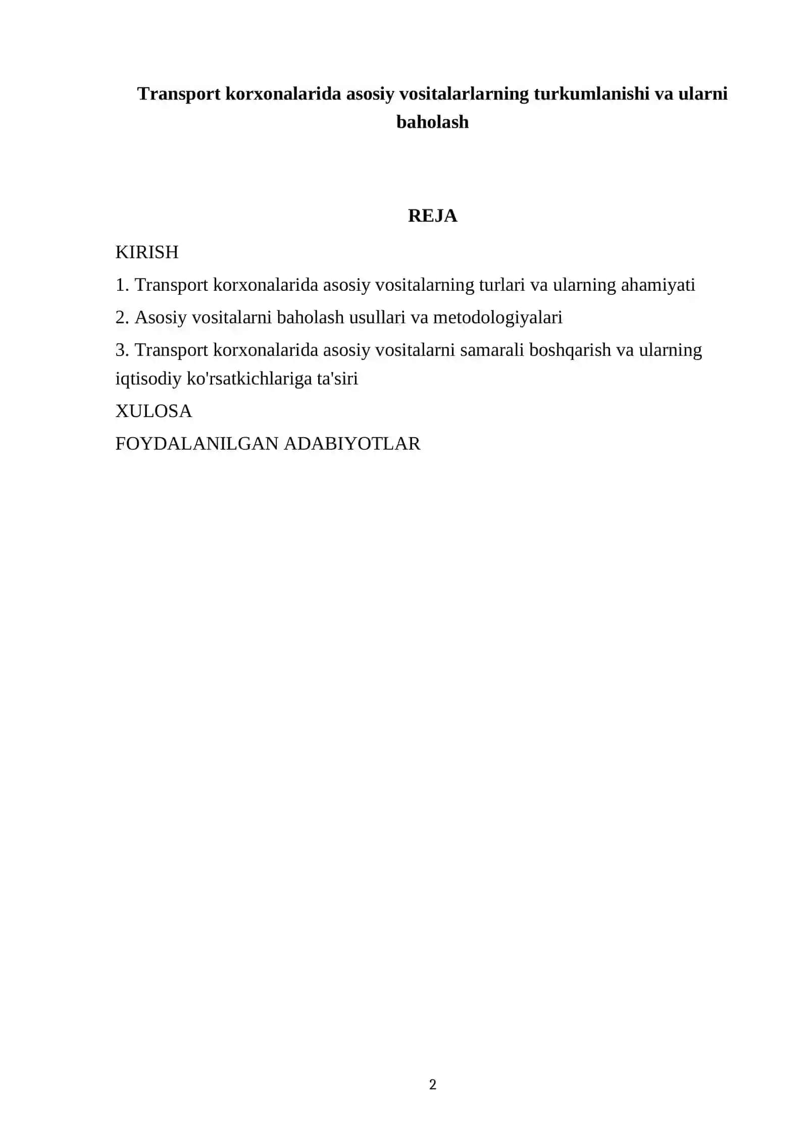 Transport korxonalarida asosiy vositalarlarning turkumlanishi va ularni baholash 2