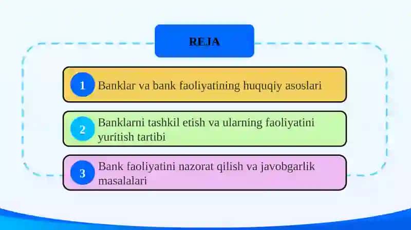 Banklar va bank faoliyati toʻgʻrisidagi qonun !  slayd 2