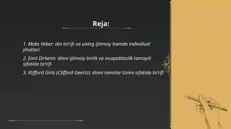 Turli olimlar tomonidan dinga berilgan ta'riflar haqida koʻrgazmali slayd tayyorlash 2