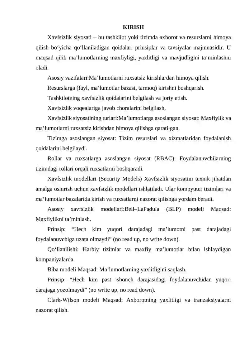 XAVFSIZLIK SIYOSATI VA XAVFSIZLIK MODELLARI 2