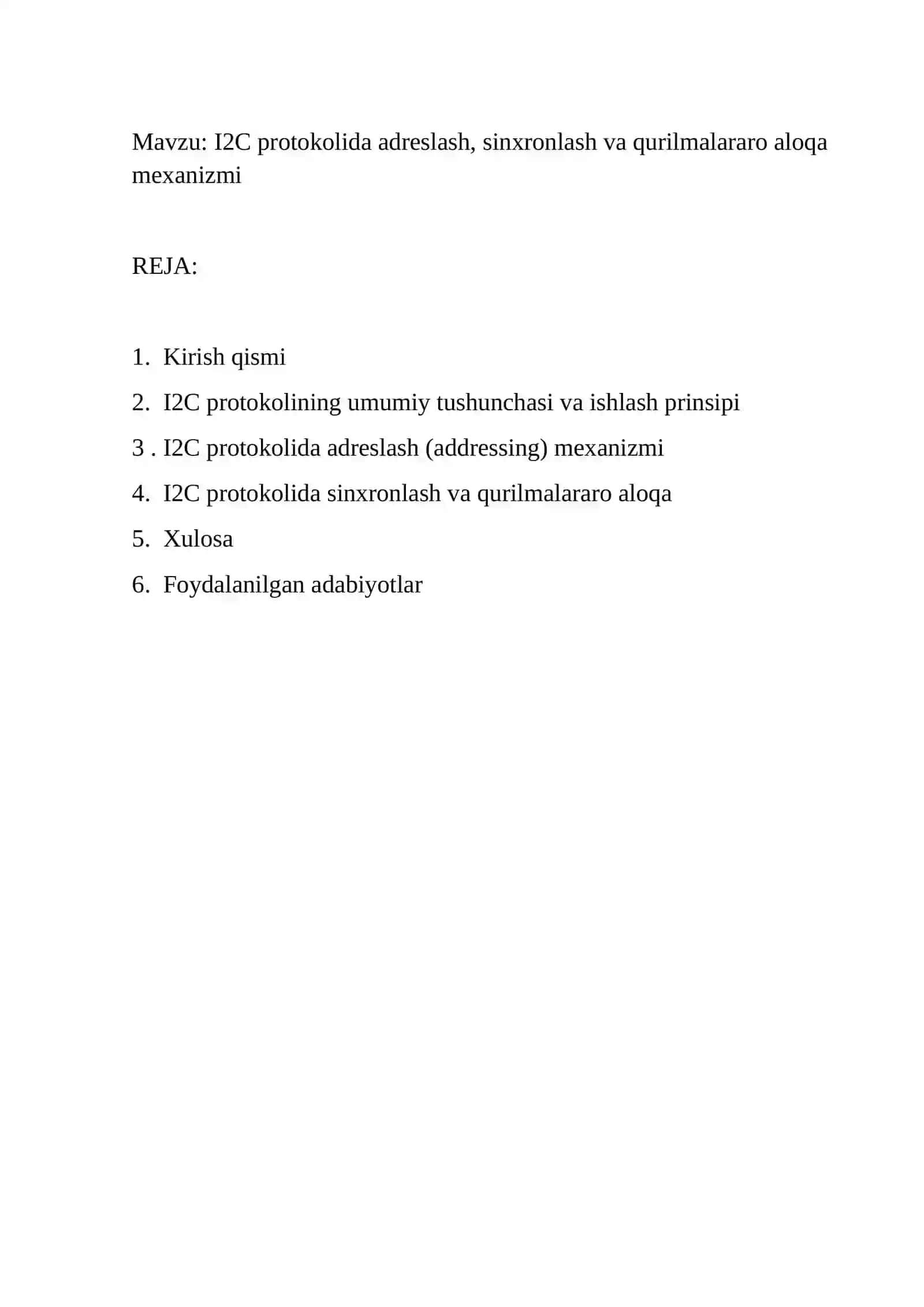 I2C protokolida adreslash, sinxronlash va qurilmalararo aloqa mexanizmi 2