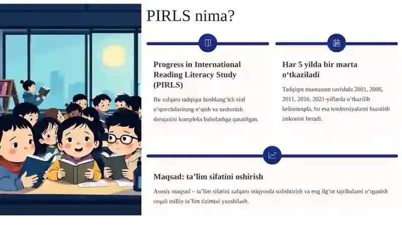 PIRLS tadqiqotlarida haqida umumiy maʼlumot. PIRLS tadqiqoti doirasida matnlarning topshiriqlarini baholash boʻyicha tavsiya etilgan namunaviy yoʻriqnoma bilam ishlash. 2