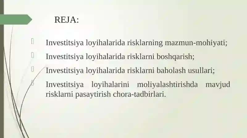 Investitsiya loyihalarini moliyalashtirishda risklarni baholash va boshqarish 2