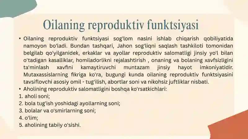Mavzu: Oilaning reproduktiv vazifasi va er-xotin reproduktiv xulqi 2
