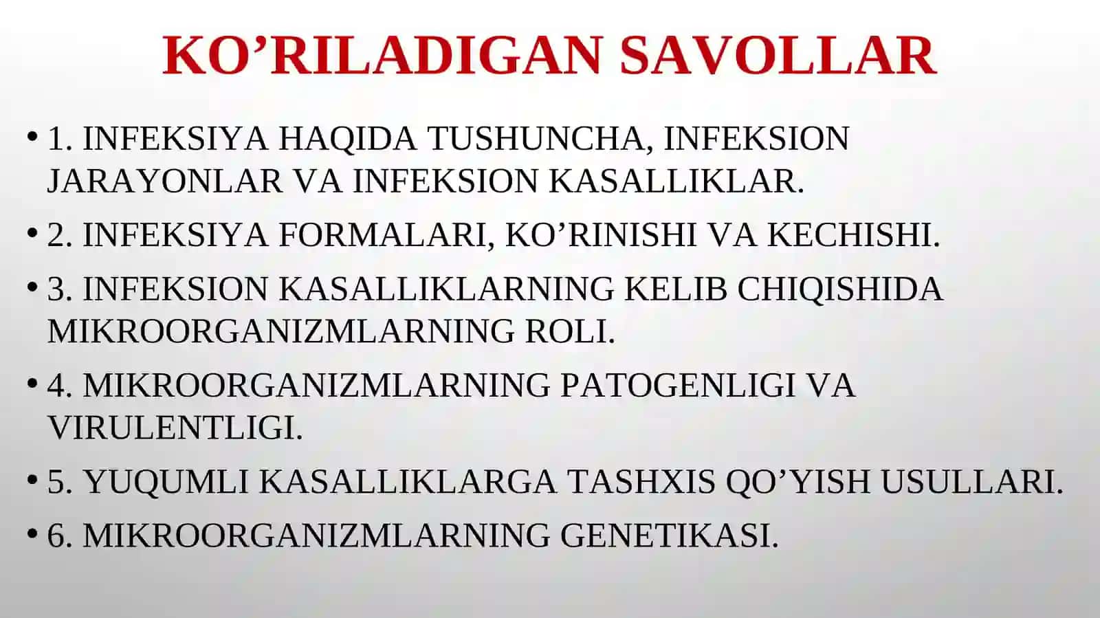 INFEKSIYA HAQIDA TA’LIMOT. YUQUMLI KASALLIKNI KELIB CHIQISH SHAROITLARI. YUQUMLI KASALLIK JARAYONINI O‘ZIGA XOS XUSUSIYATLARI. MIKROORGANIZMLAR GENETIKASI 2