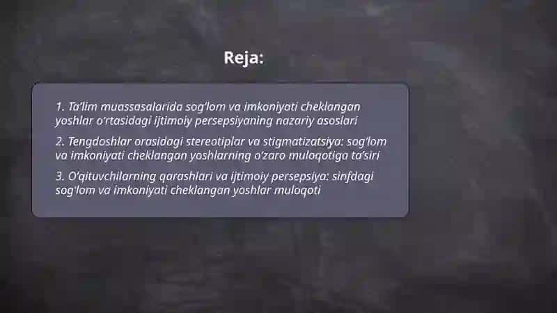 Taʼlim muassasalarida sogʻlom va imkoniyati cheklangan yoshlar oʻzora muloqotning ijtimoiy persepsiya 2